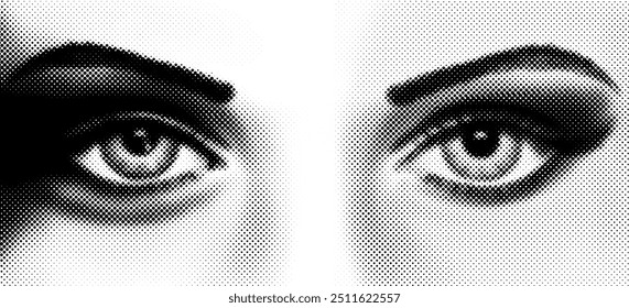 Halbtonweibliche Augen. Gepunktete Frontalansicht Nahaufnahme von Augen Pop Art Stil Vektor