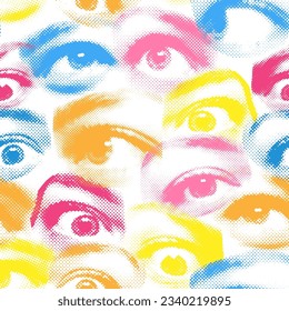Halftone female eyes seamless pattern. Beautiful female eyes with dotted texture. Suitable for decoration textiles and paper. Fashion Y2k print. Vector illustration.