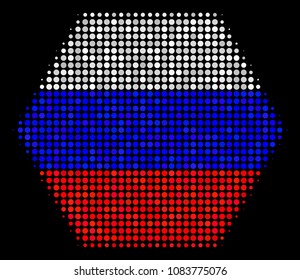Halftone Filled Hexagon icon colored in Russian state flag colors on a dark background. Vector concept of filled hexagon icon organized of spheric spots.