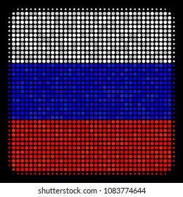 Halftone Filled Square icon colored in Russia official flag colors on a dark background. Vector concept of filled square icon organized from round dots.