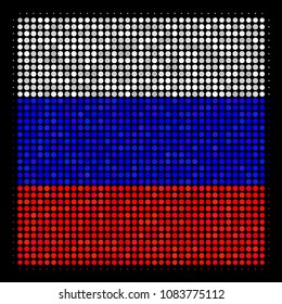 Halftone Filled Square icon colored in Russia official flag colors on a dark background. Vector composition of filled square icon composed of circle pixels.