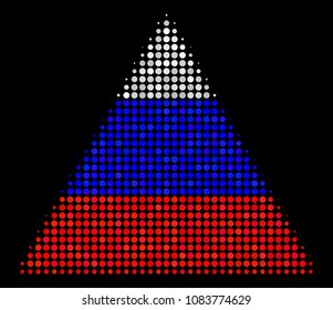 Halftone Filled Triangle icon colored in Russia official flag colors on a dark background. Vector concept of filled triangle icon created from circle pixels.