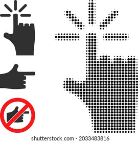 Halftone finger click. Dotted finger click constructed with small round elements. Vector illustration of finger click icon on a white background. Halftone array contains circle elements.