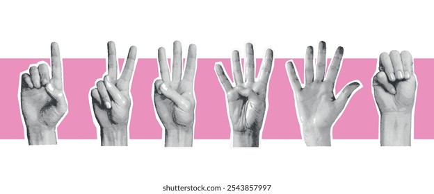 Halftone finger numbers. Realistic fingers countdown one two three four five grunge collage, 5 hand count number zero gesture element retro vintage art exact vector illustration original artwork