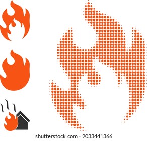 Halftone fire flame. Dotted fire flame made with small round dots. Vector illustration of fire flame icon on a white background. Halftone array contains round elements.