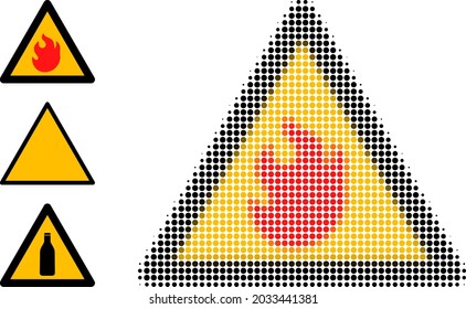Halftone fire warning. Dotted fire warning designed with small round points. Vector illustration of fire warning icon on a white background. Halftone pattern contains round points.