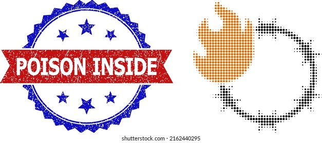 El semitono disparó un ícono de la cárcel y un sello de sello de veneno inmundo bicolor. Icono de cárcel de tono medio con disparo está diseñado con puntos esféricos pequeños. Sello vectorial con un estilo bicoloroso impuro,