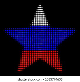 Halftone Fireworks Star icon colored in Russian state flag colors on a dark background. Vector collage of fireworks star icon organized from round elements.