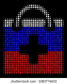 Halftone First Aid Kit icon colored in Russia official flag colors on a dark background. Vector mosaic of first aid kit icon organized of round dots.