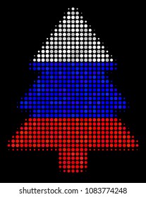 Halftone Fir-Tree pictogram colored in Russian official flag colors on a dark background. Vector composition of fir-tree icon created from circle items.