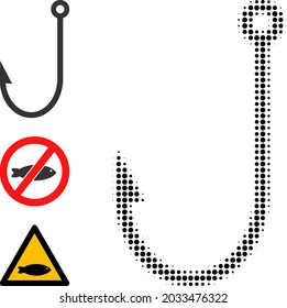 Halftone fish hook. Dotted fish hook made with small circle elements. Vector illustration of fish hook icon on a white background. Halftone pattern contains round elements.
