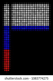Halftone Flag icon colored in Russian state flag colors on a dark background. Vector pattern of flag icon formed of circle dots. Designed for political and Russian patriotic applications.