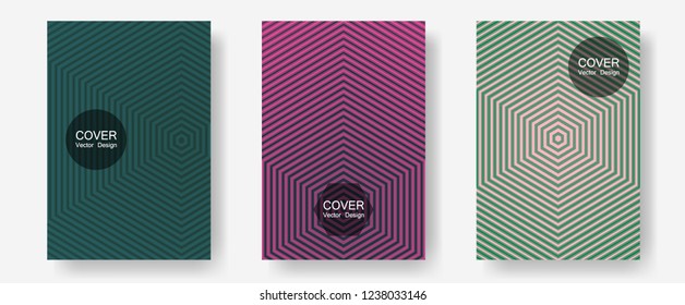 Halftone flat patterns abstract vector set. Elegant patchy mockups. Halftone lines annual report templates. Trendy pink green magazines. Geometric covers of lines gradient flat patterns.