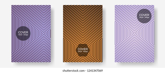 Halftone flat patterns abstract vector set. Music album adverts. Halftone lines annual report templates. Hipster placards. Geometric covers of lines gradient flat patterns.