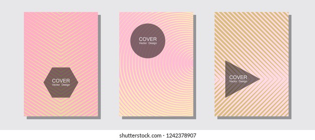Halftone flat patterns abstract vector set. Vivid mockups samples. Halftone lines music poster background. Minimalist pink gold geometry. Geometric covers of lines gradient flat patterns.