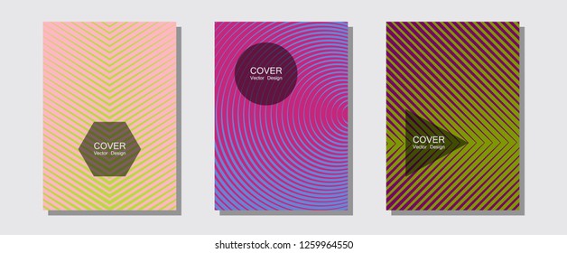 Halftone flat patterns abstract vector set. Laconic business cards. Halftone lines music poster background. Futuristic style. Geometric covers of lines gradient flat patterns.