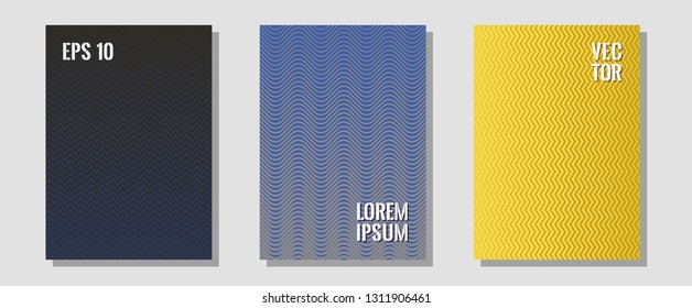 Halftone flat patterns abstract vector set. Hipster placards. Zigzag halftone lines wave stripes backdrops. Laconic business cards. Geometric covers of lines gradient flat patterns.