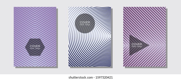 Halftone flat patterns abstract vector set. Minimal booklets. Halftone lines music poster background. Minimalistic journals. Geometric covers of lines gradient flat patterns.