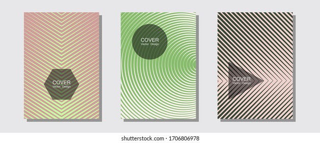 Halftone flat patterns abstract vector set. Hipster placards. Halftone lines music poster background. Future mockups samples. Geometric covers of lines gradient flat patterns.