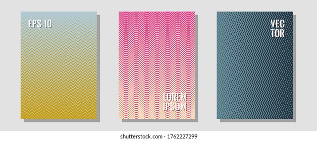 Halftone flat patterns abstract vector set. Brand identity elements. Zigzag halftone lines wave stripes backdrops. Simple book covers. Geometric covers of lines gradient flat patterns.