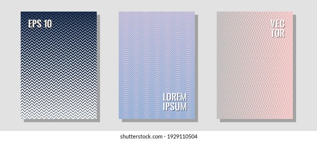 Halftone flat patterns abstract vector set. Technological formers. Zigzag halftone lines wave stripes backdrops. Modern branding. Geometric covers of lines gradient flat patterns.