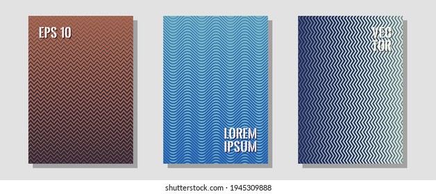 Halftone flat patterns abstract vector set. Music placards. Zigzag halftone lines wave stripes backdrops. Future mockups samples. Geometric covers of lines gradient flat patterns.