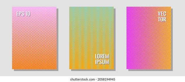 Halftone flat patterns abstract vector set. Music placards. Zigzag halftone lines wave stripes backdrops. Liner faded gradation. Geometric covers of lines gradient flat patterns.