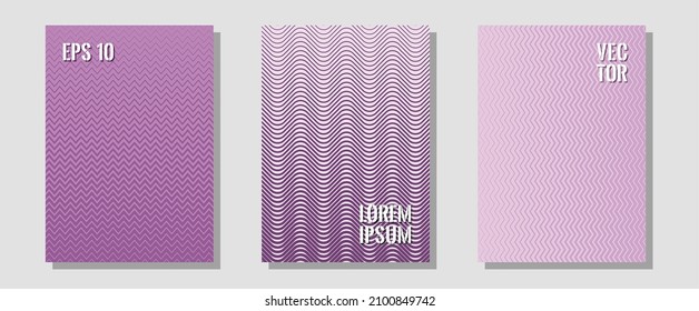 Halftone flat patterns abstract vector set. Simple book covers. Zigzag halftone lines wave stripes backdrops. Future mockups samples. Geometric covers of lines gradient flat patterns.