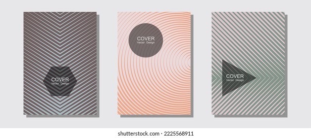 Halftone flat patterns abstract vector set. Minimalist geometry. Halftone lines music poster background. Divergent maquettes. Geometric covers of lines gradient flat patterns.