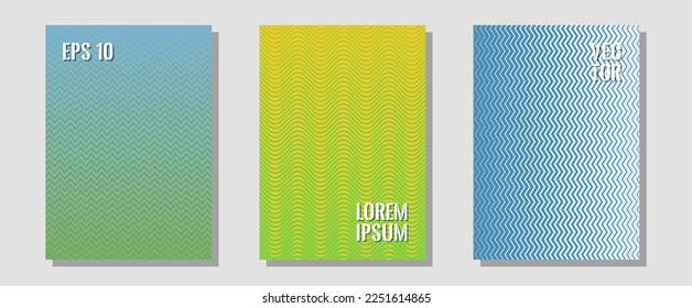 Halftone flat patterns abstract vector set. Minimal booklets. Zigzag halftone lines wave stripes backdrops. Educational notepads. Geometric covers of lines gradient flat patterns.