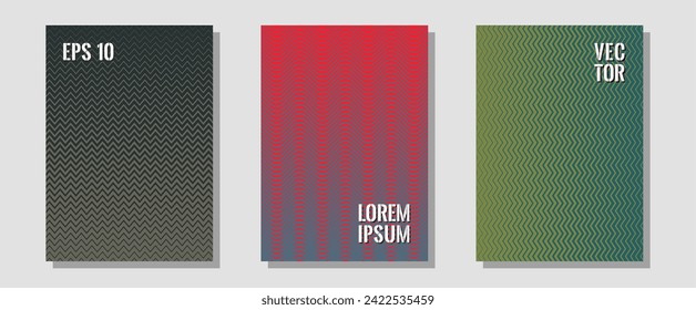 Conjunto de vector abstracto de patrones planos de semitono. Composición tecnicolor. Zigzag líneas de semitono ondulan rayas de fondo. Estilo futurista. Cubiertas geométricas de líneas de patrones planos de gradiente.
