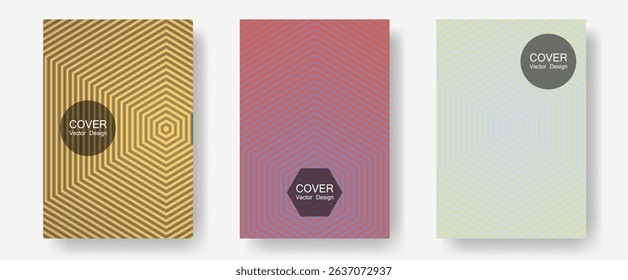 Halftone flat patterns abstract vector set. Future mockups samples. Halftone lines annual report templates. Music placards. Geometric covers of lines gradient flat patterns.