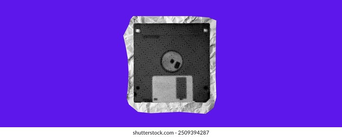 halftone floppy disk isolated on blue background, retro halftone dotted texture vintage magazine style grunge collage element for mixed media technology