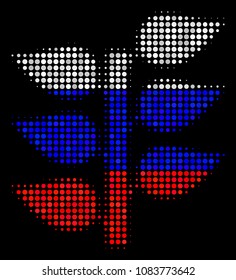 Halftone Flora Plant icon colored in Russia official flag colors on a dark background. Vector pattern of flora plant icon combined from circle spots.