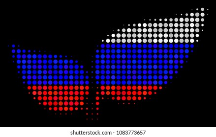 Halftone Floral Leaves pictogram colored in Russia state flag colors on a dark background. Vector pattern of floral leaves icon created from spheric elements.