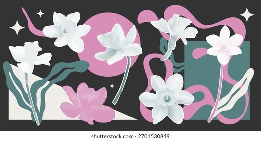 Halftone flower art collage. panel, mural, Collage flowers halftone effect, photocopy grunge texture magazine cut outs at black background. Different floral elements. Vector EPS10
