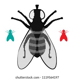 Halftone Fly Icon Isolated on White Background. Pest Symbol in Engraving Style