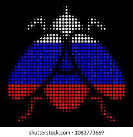 Halftone Fly Insect icon colored in Russian official flag colors on a dark background. Vector mosaic of fly insect icon made from circle items. Designed for political and Russian patriotic agitation.