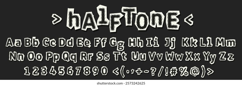 Halftone font collages. Cut out paper alphabet with dots