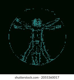 Halftone font illustration of Vitruvian Man. The proportions of the human body in circle