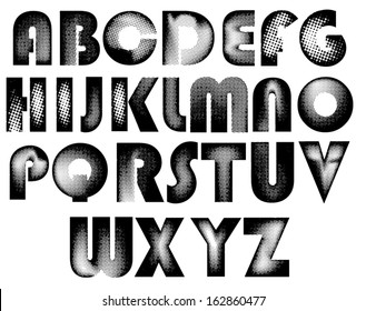 Halftone font, monochrome vector symbols alphabet. Vector eps10. 