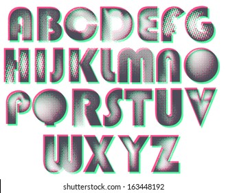 Halftone font, monochrome vector symbols alphabet. Vector eps10. Editable colors.