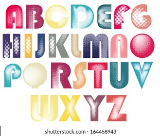 Halftone font, monochrome vector symbols alphabet. Vector eps10. Editable colors.