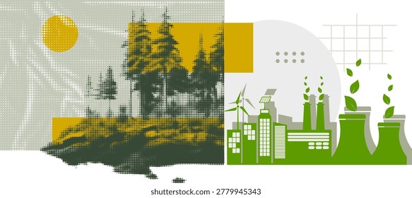 Halftone forest city and renewable energy contrast vector illustration balancing harmonic future of nature and technology on transparent background, made for various design applications.