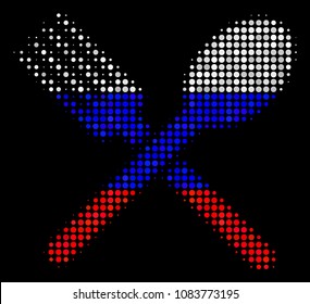 Halftone Fork And Spoon pictogram colored in Russian state flag colors on a dark background. Vector collage of fork and spoon icon constructed of round elements.