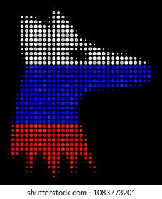 Halftone Fox Head pictogram colored in Russian official flag colors on a dark background. Vector composition of fox head icon combined with round dots.