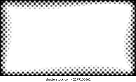 Halftone frame. Comic style divider. Pop art faded frame. Grunge speckle grain background. Dotted particles separator. White and black abstract wallpaper. Retro backdrop