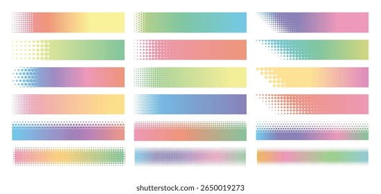 Halftone frames. Dotted gradient banner. Header with circle mosaic edges. Horizontal title border with halftone effects. Colorful heading rectangular dot shapes. Vector set.