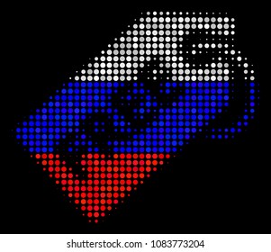 Halftone Free Tag pictogram colored in Russia official flag colors on a dark background. Vector composition of free tag icon constructed from circle pixels.