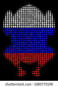Halftone Fried Chicken pictogram colored in Russian official flag colors on a dark background. Vector collage of fried chicken icon done with spheric spots.